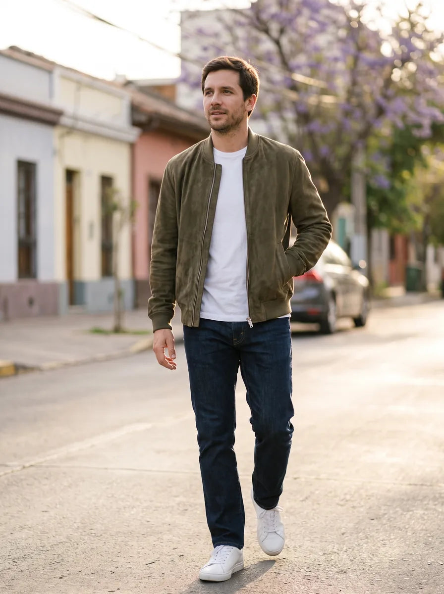 Hombre caminando por la calle con el bomber de gamuza verde oliva